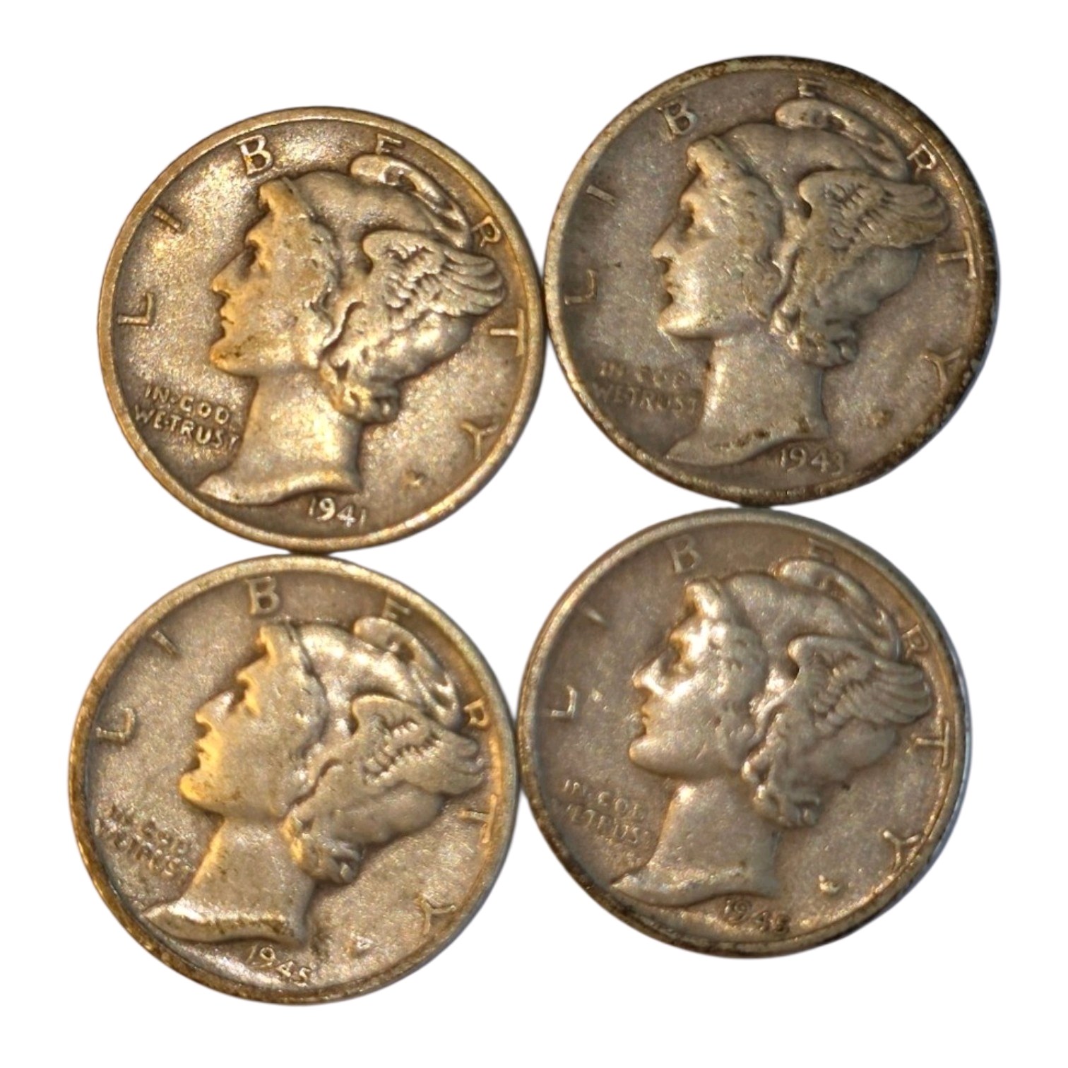 4 Mercury Dimes  1929, 1941, 1943 & 1945  90% Silver U.S. Coins About  0.2894 troy oz actual silver weight.