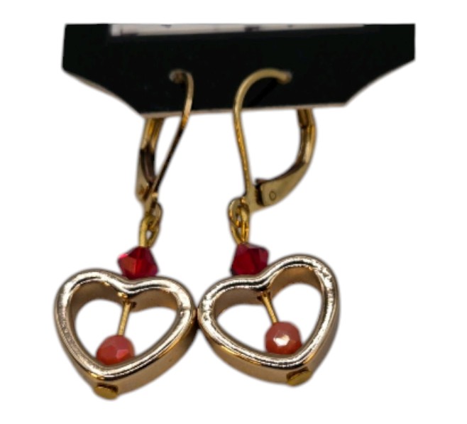 Handmade Jewelry  Local Minnesota Senior Artist  100% Proceeds Support The Artist Gold Tone Heart Dangle Earrings With Red & Coral Tone Beads