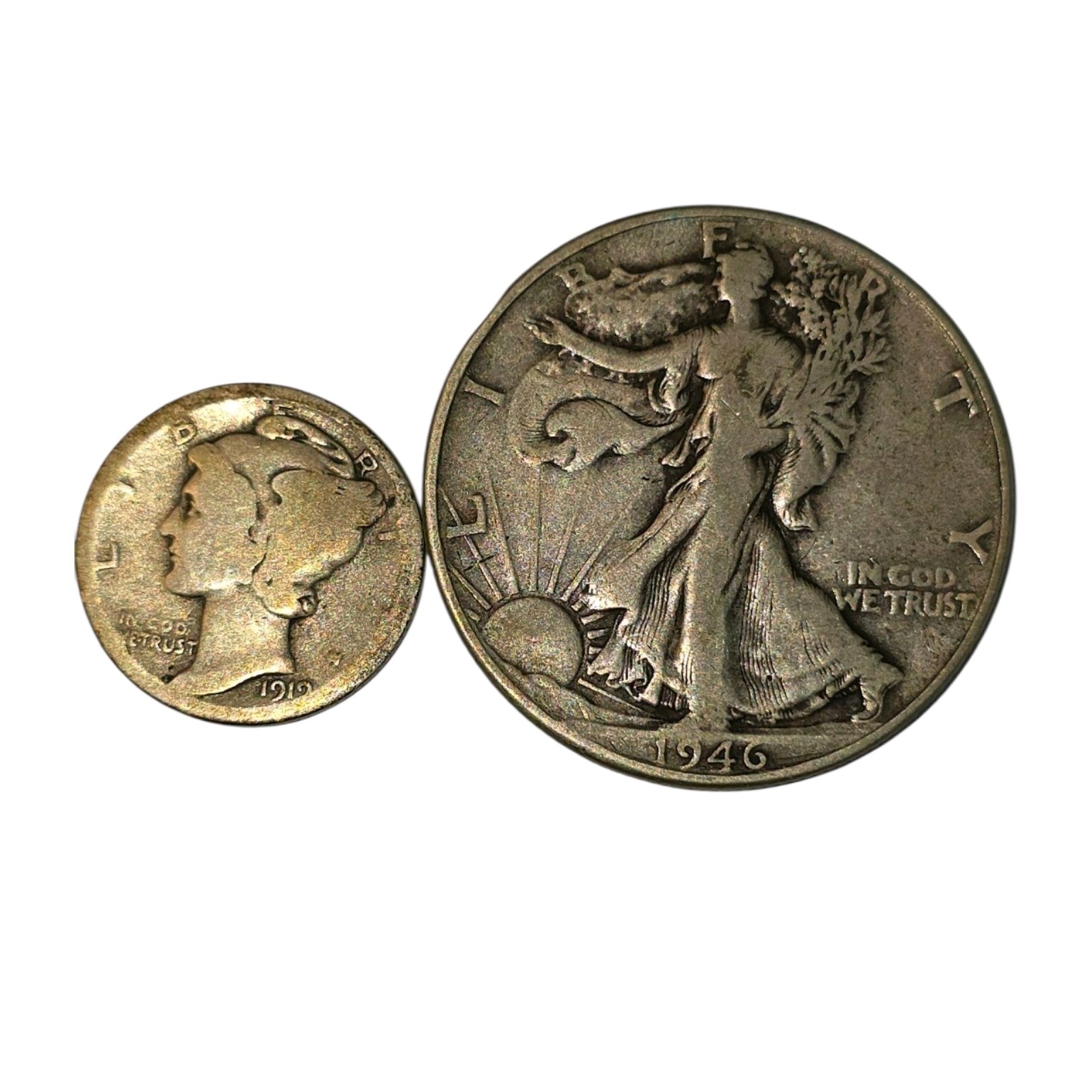 1919 Mercury Dime & 1946 Walking Liberty Half Dollar  90% Silver U.S. Coins About 0.4340 troy oz actual silver weight.