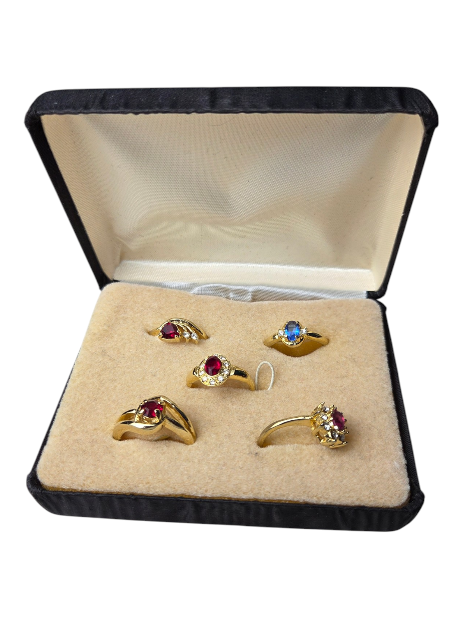 Unresearched Lot of 5 Gold-Tone Rings With Red & Blue Stone Accents In Display Box