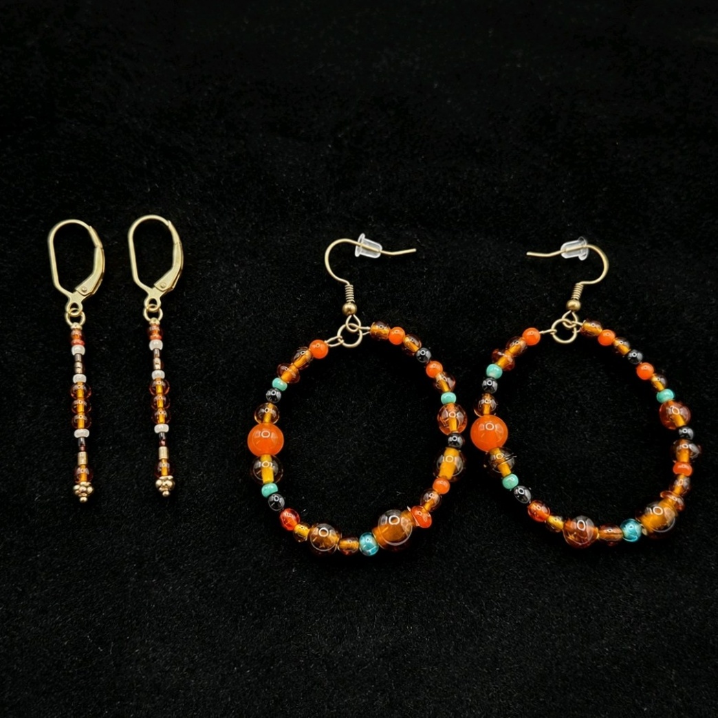 Handmade Jewelry  Local Minnesota Senior Artist  100% Proceeds Support The Artist 2 Pair Beaded Dangle Earrings  Orange Turquoise Tone Hoop & Drop Style