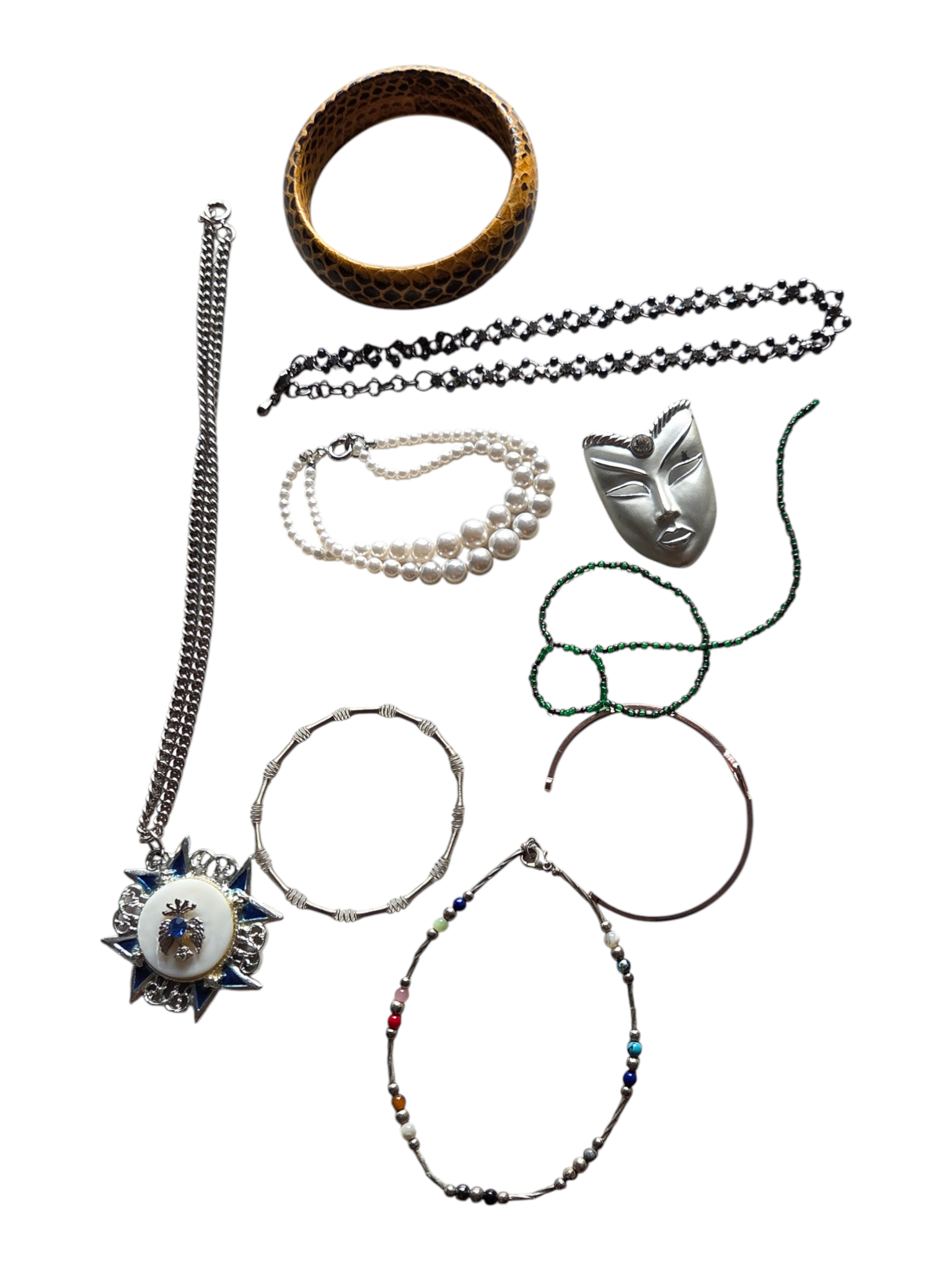 Unresearched Mixed Jewelry Lot  Necklaces, Bracelets, Bangle, Mask Pin & Rhinestone Pieces