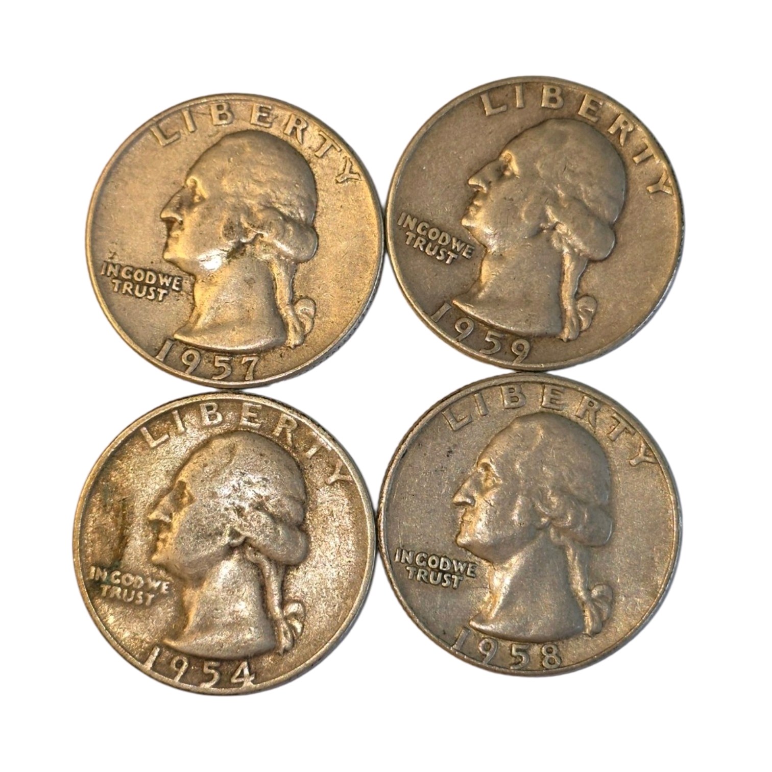 4 Silver Washington Quarters  1954, 1957-D, 1958-D & 1959-D  90% Silver U.S. Coins Above 0.7234 troy oz actual silver weight.