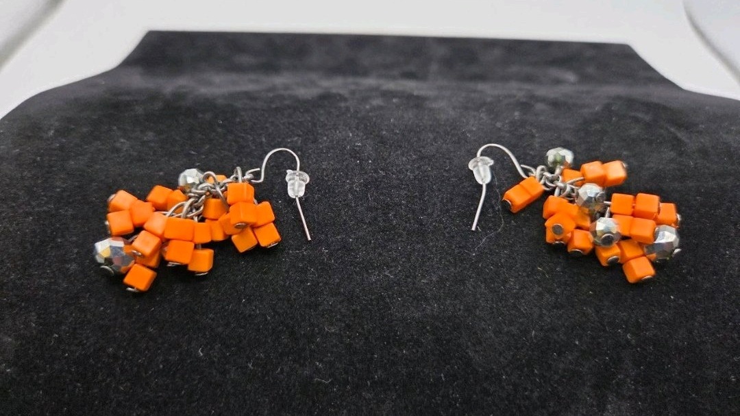 Handmade Jewelry  Local Minnesota Senior Artist  100% Proceeds Support The Artist Orange Cube Bead Cluster Dangle Earrings With Silver Tone Accents