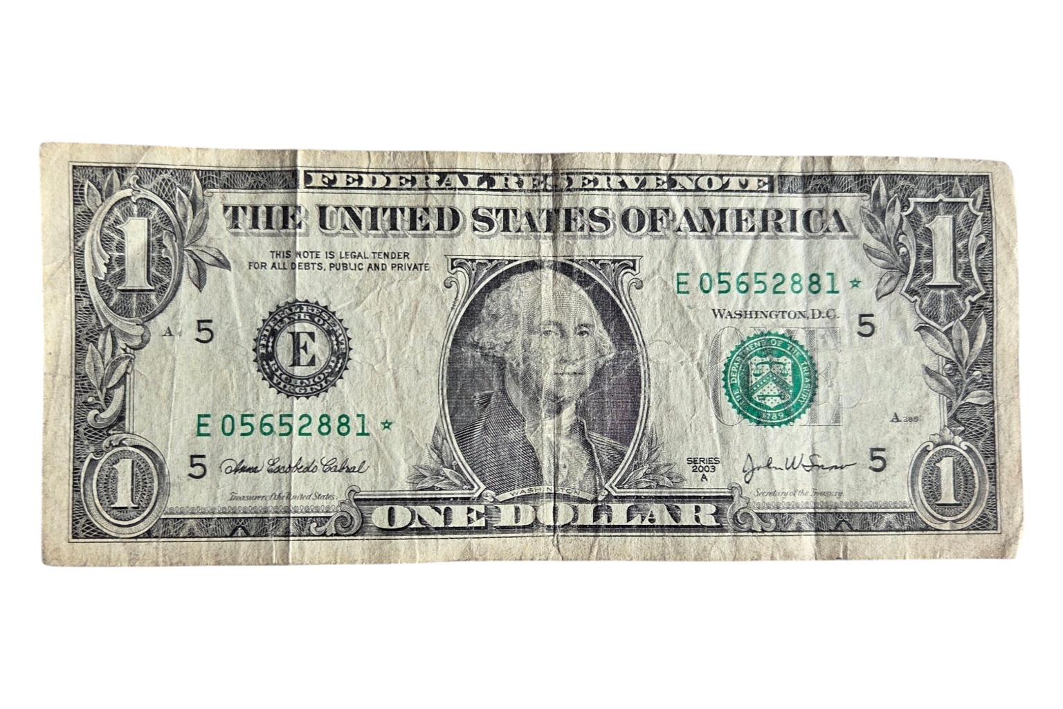 2003A $1 Federal Reserve Star Note  E05652881 Richmond District