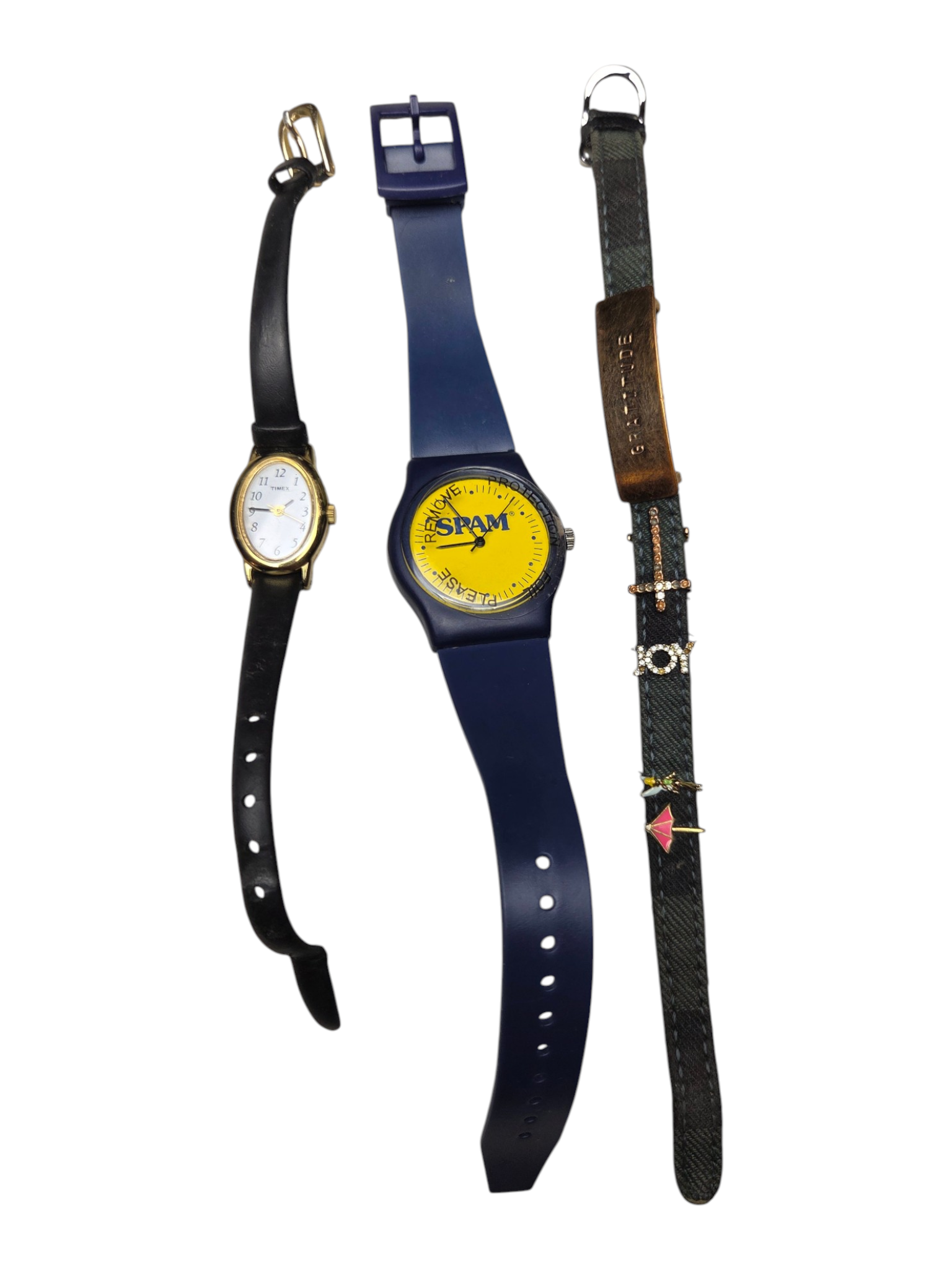 2 Watches and a Bracelet Lot - Timex Leather Band, SPAM Promo Watch & Catitude Charm Bracelet