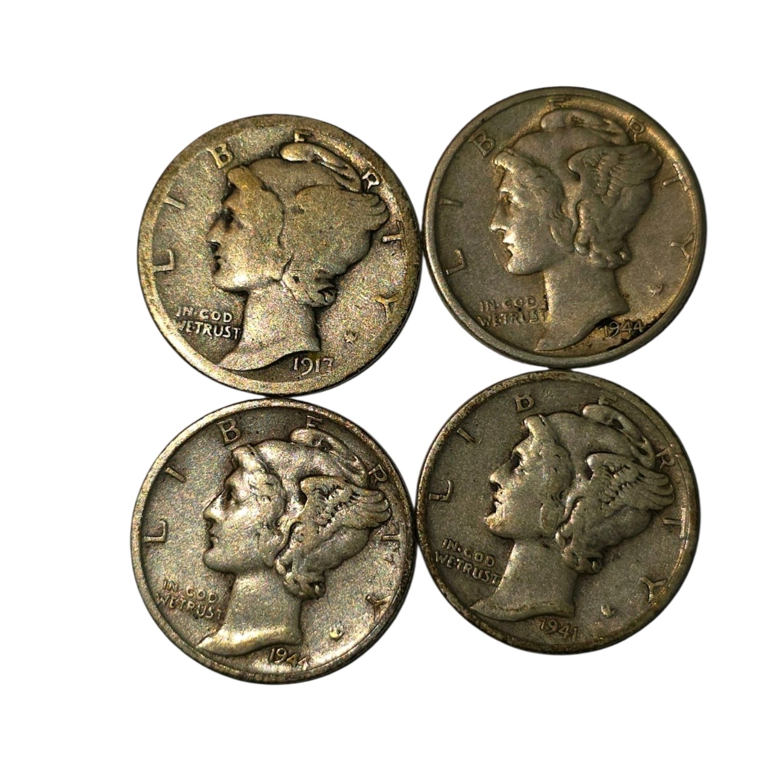 4 Mercury Dimes  1917, 1941, 1944 & 1944-S  90% Silver U.S. Coins About 0.2894 troy oz actual silver weight.