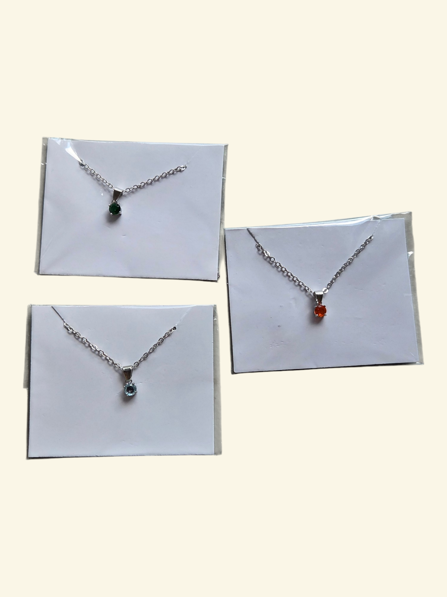 3 Silver-Tone Solitaire Pendant Necklace Lot - Green, Orange & Light Blue Stones