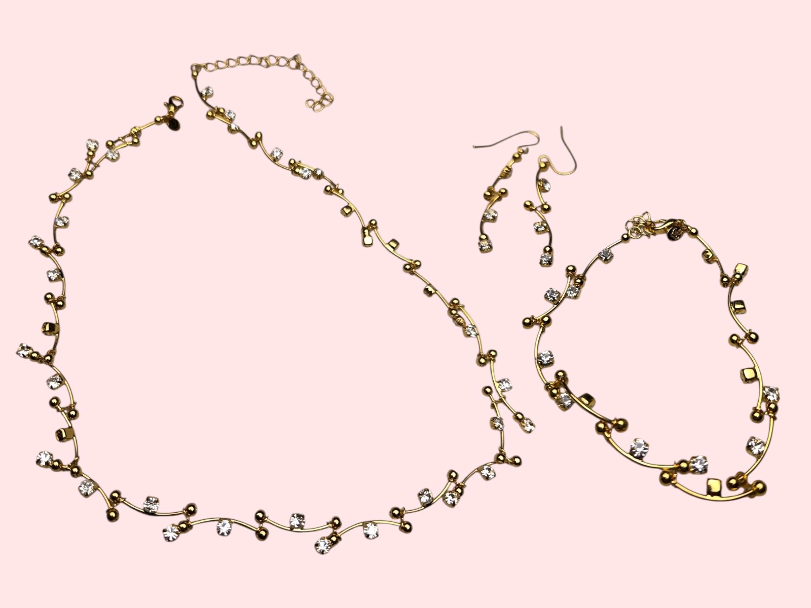 Premier Designs Dew Drops Gold-Tone Rhinestone Necklace & Dangle Earrings Set w Box