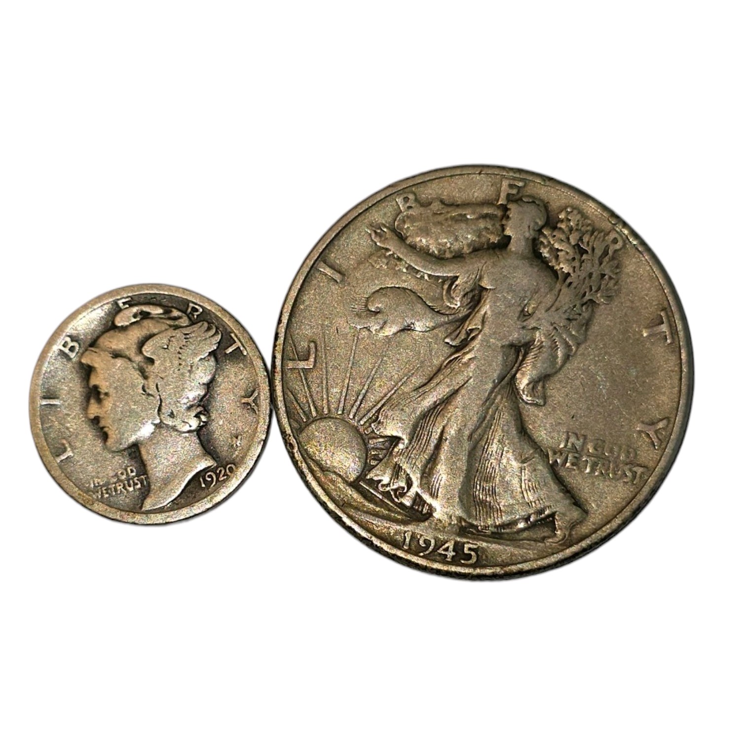 1920 Mercury Dime & 1945 Walking Liberty Half Dollar  90% Silver U.S. Coin Lot About 0.434 troy oz actual silver weight.