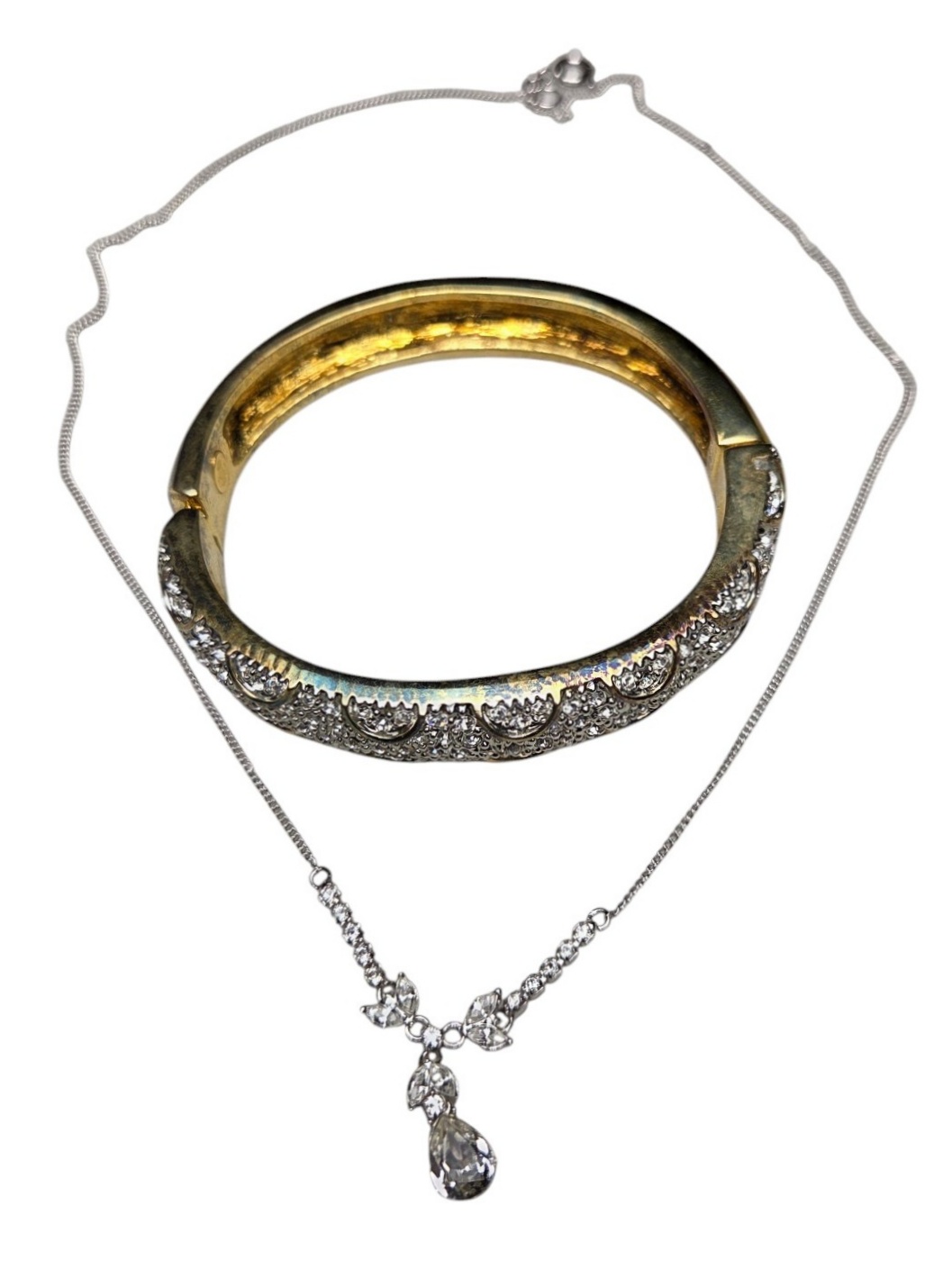 Premier Designs Jewelry Lot - Rhinestone Pendant Necklace & Gold-Tone Bangle Bracelet w Boxes