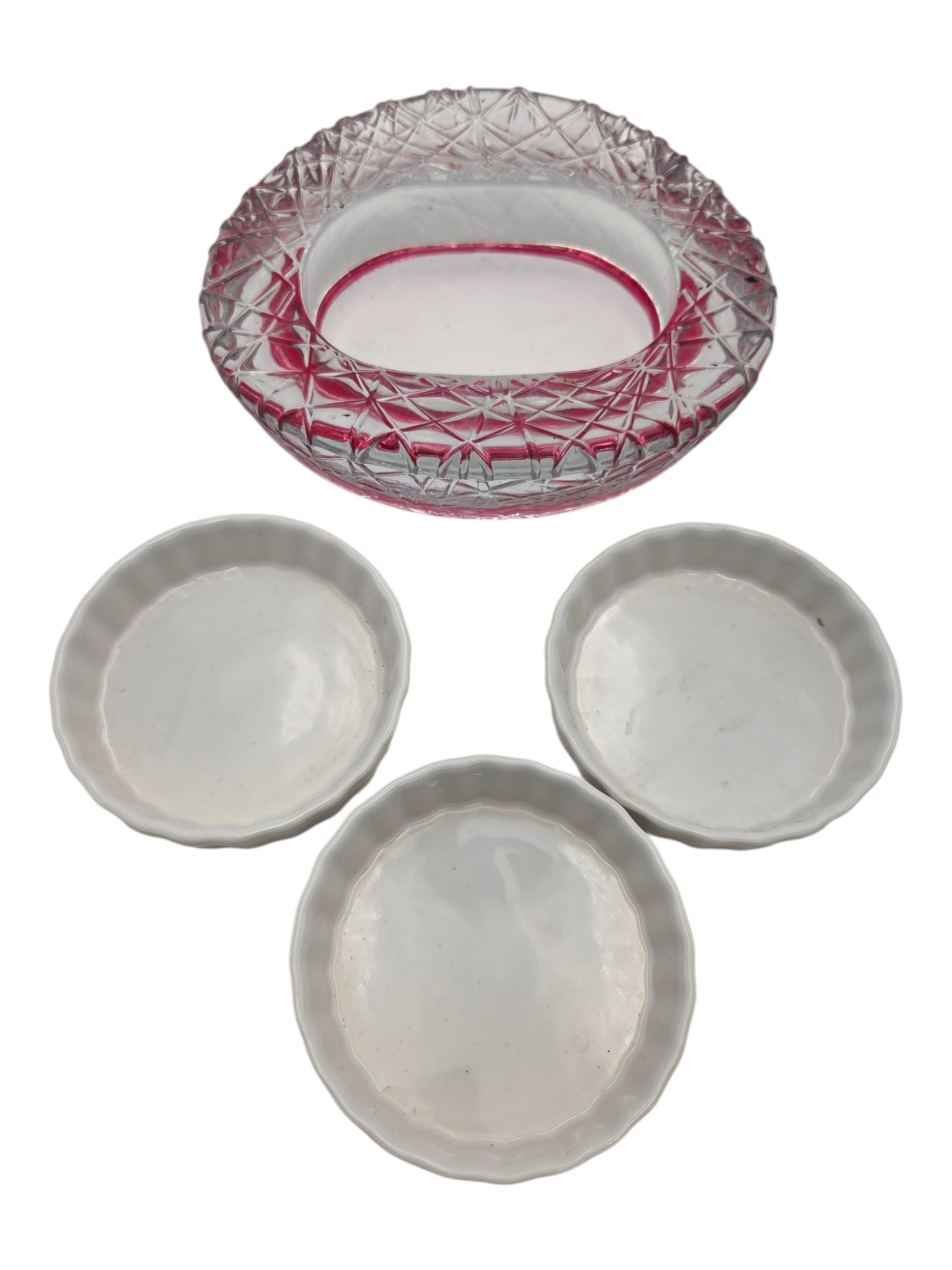 4-Piece Dish Lot Pink Cut Glass Bowl & 3 Small White Ceramic Bowls