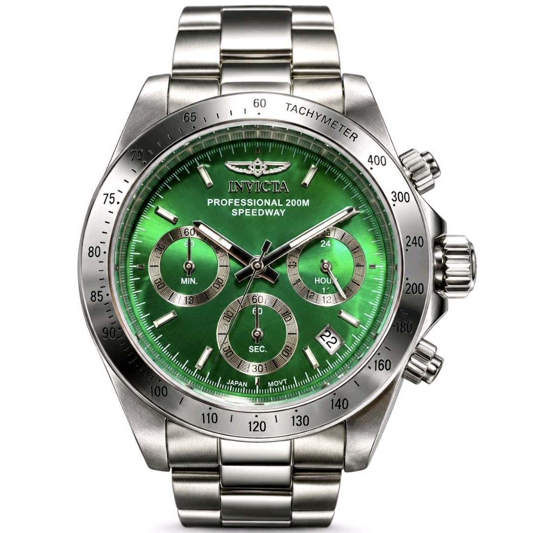 Retail Value $299.00 Invicta Speedway 14384 Professional 200M Watch w Box - Green Dial & Silver-Tone Band