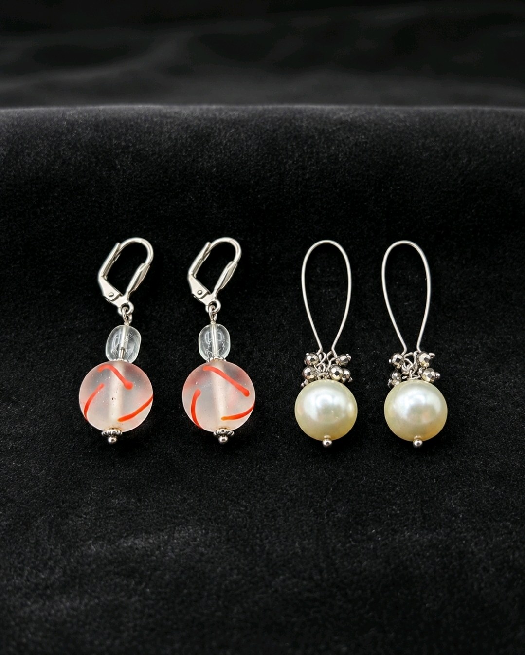 Handmade Jewelry  Local Minnesota Senior Artist  100% Proceeds Support The Artist 2 Pair Dangle Earrings Lot  Orange Swirl Bead & Faux Pearl Style Earrings