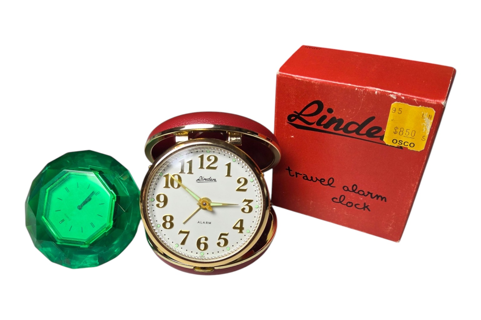 Vintage Linden Travel Alarm Clock w Box  Green Faceted Clock Lot