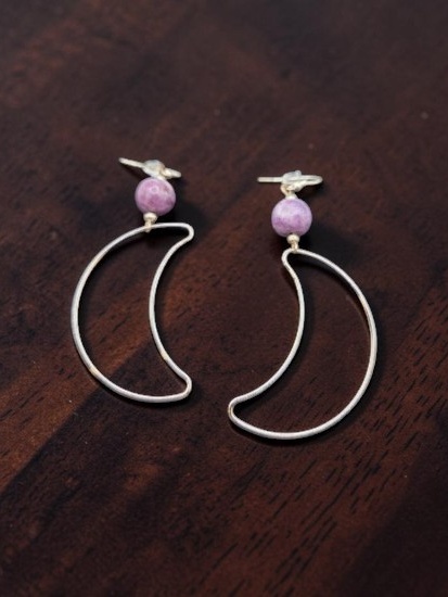 Handmade Jewelry  Local Minnesota Senior Artist  100% Proceeds Support The Artist Silver Tone Crescent Moon Dangle Earrings With Purple Beads