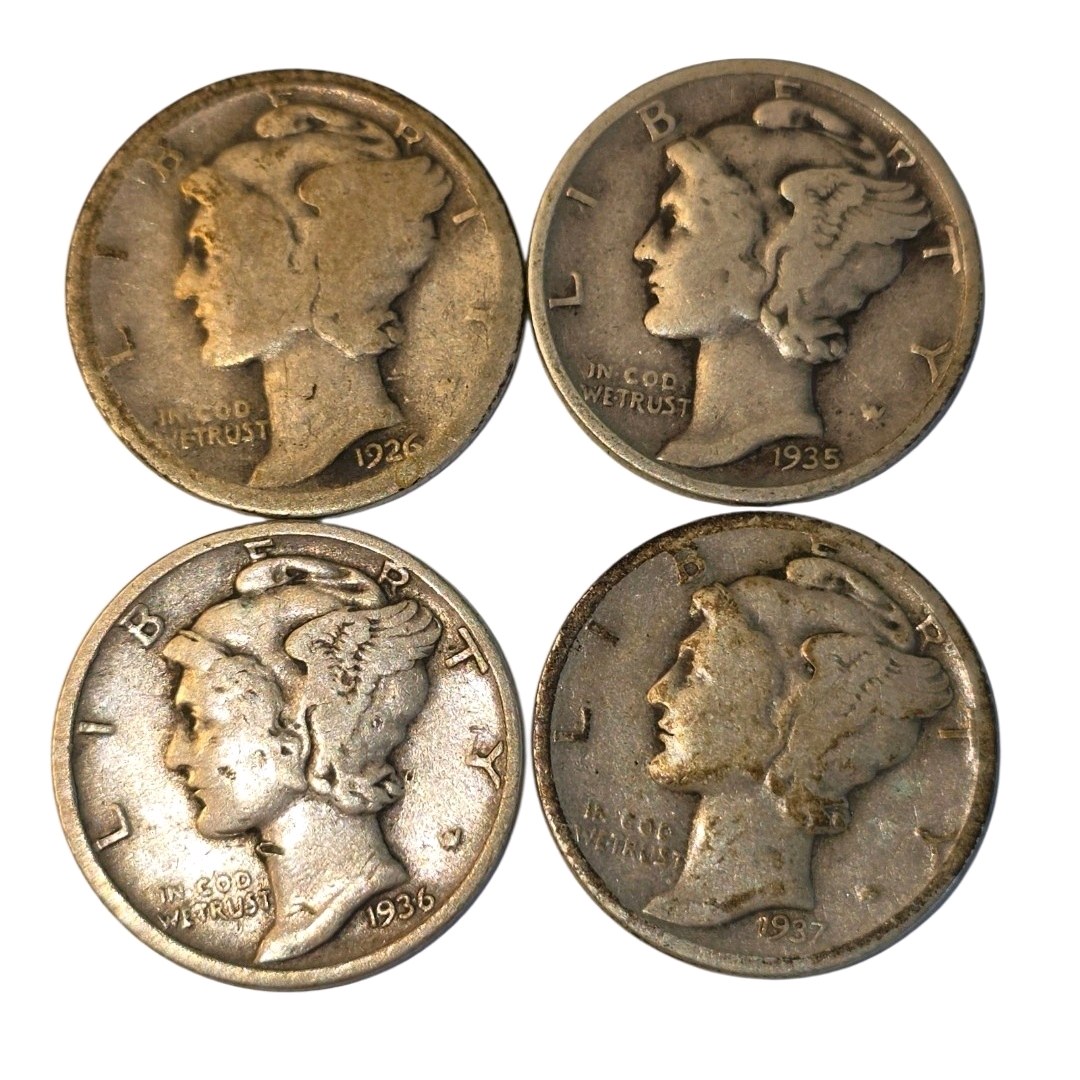 4 Mercury Dimes  1926, 1935, 1936, 1937  90% Silver U.S. Coins Approximate total silver content 0.2892 troy oz.