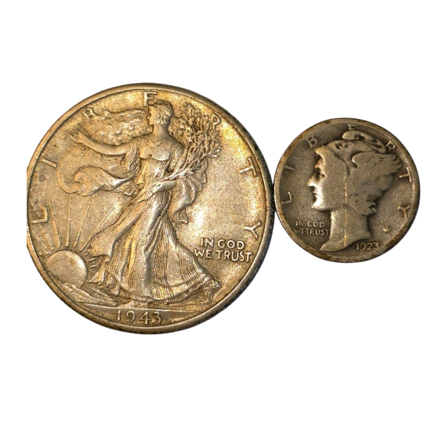 1943 Walking Liberty Half Dollar & 1923 Mercury Dime  90% Silver U.S. Coins Approximate total silver content 0.4340 troy oz.