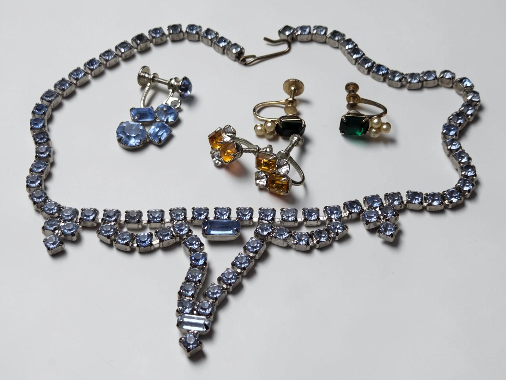Vintage-Style Rhinestone Necklace & Screw Back Earring Jewelry Lot w Lotus Lady Box