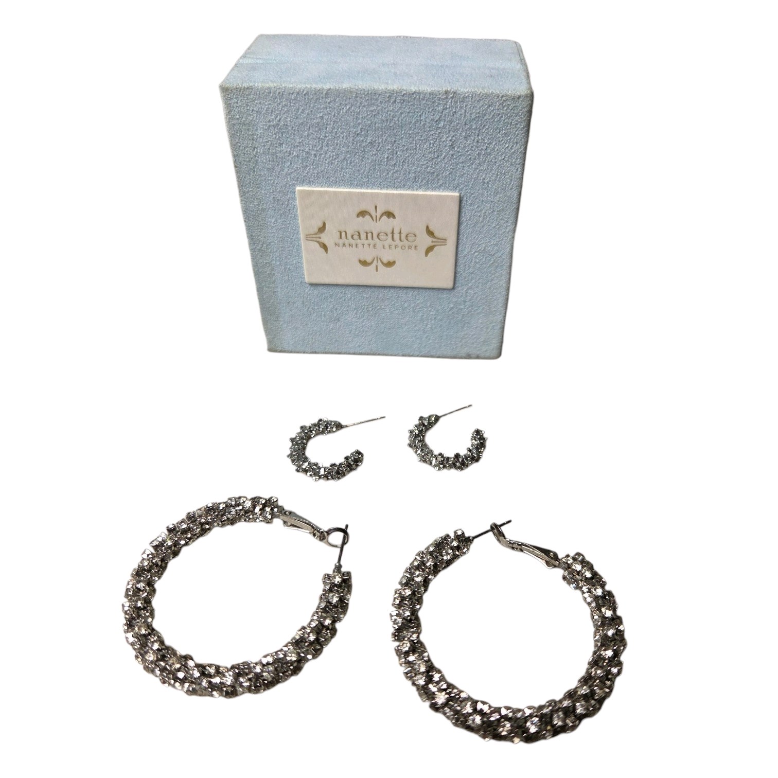 Nanette Lepore Rhinestone Hoop Earrings Set With Blue Jewelry Box