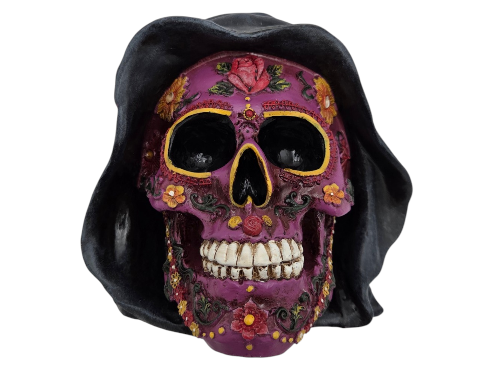 Retail Value $119.99 Sugar Skull figure with black hood, purple skull face, floral details
