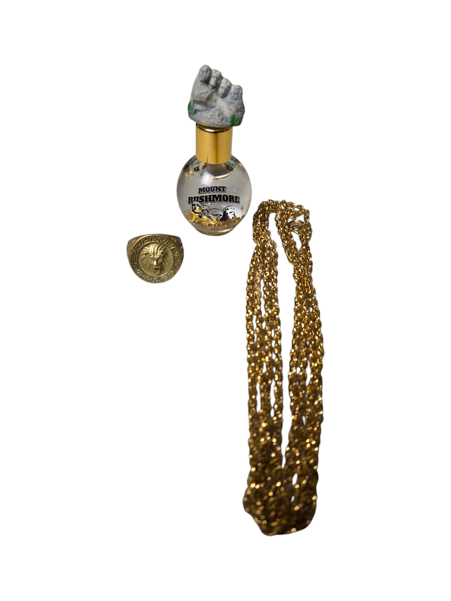 UnTested UnResearched Gold-Tone Jewelry Lot With 18K Marked Lion Ring, gold-tone Chain Necklace & Mount Rushmore 24K Gold Souvenir Bottle