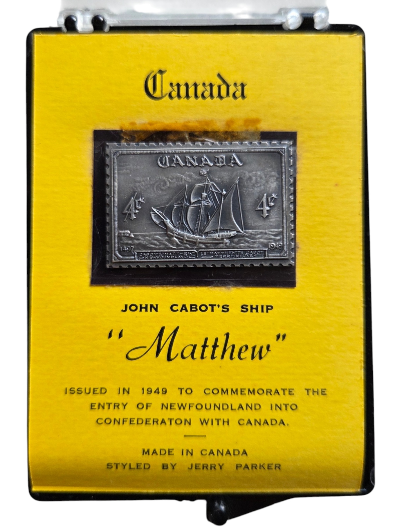 RARE 1968 Jerry Parker Canada Cabots Matthew .999 Silver Stamp Ingot  Newfoundland Confederation 4� Ship Plaque