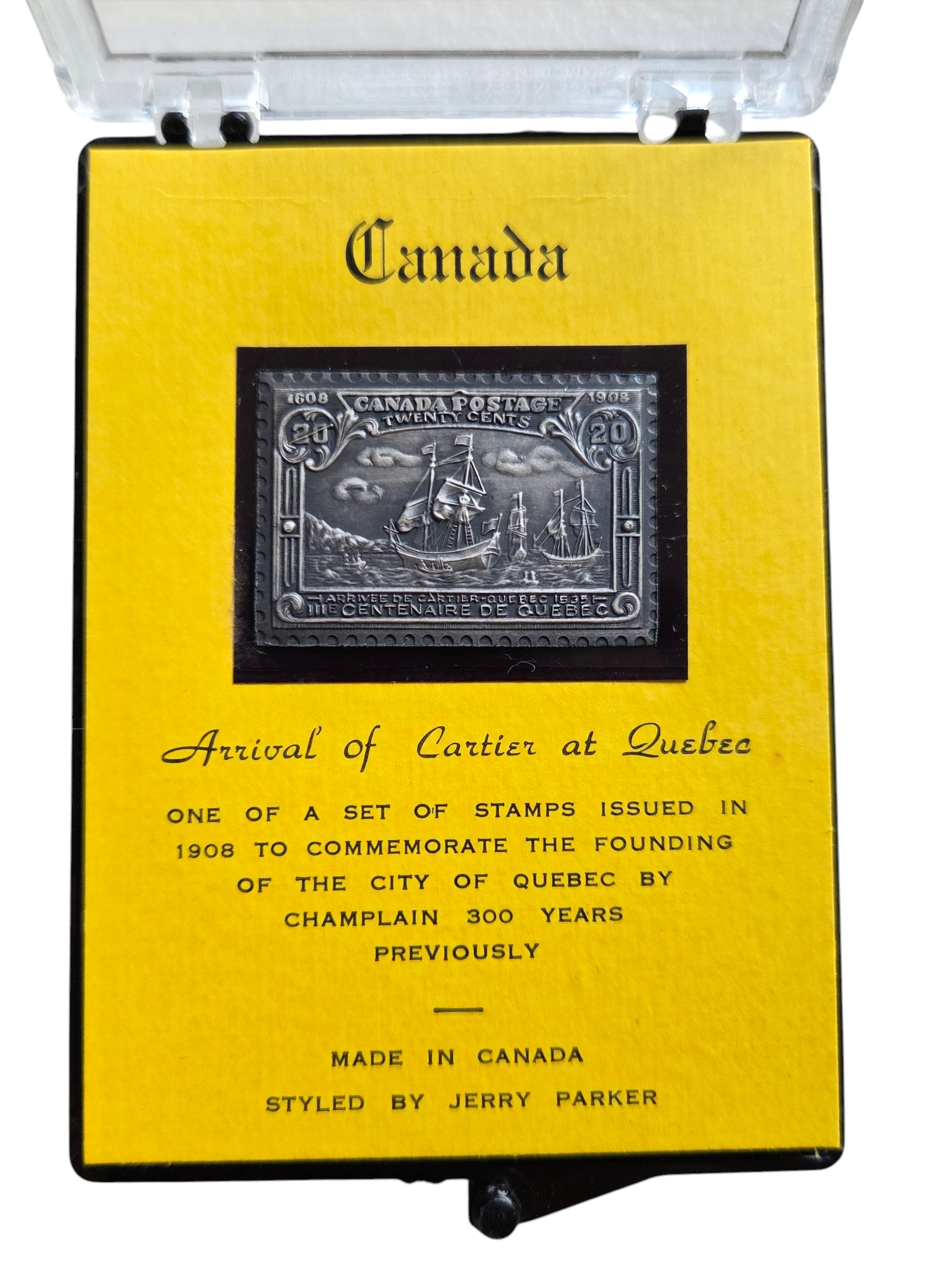 RARE 1968 Jerry Parker Canada .999 Silver Stamp Ingot  20� Arrival of Cartier at Quebec