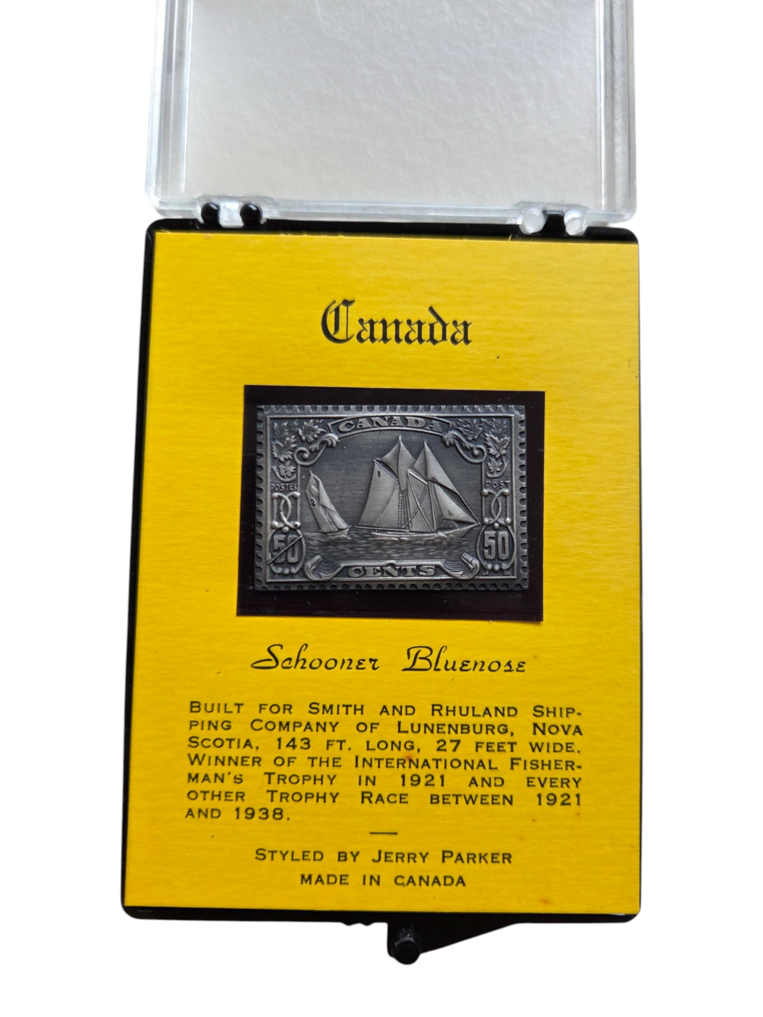 RARE 1968 Jerry Parker Canada .999 Silver Stamp Ingot  50� Schooner Bluenose Famous Canadian Stamp