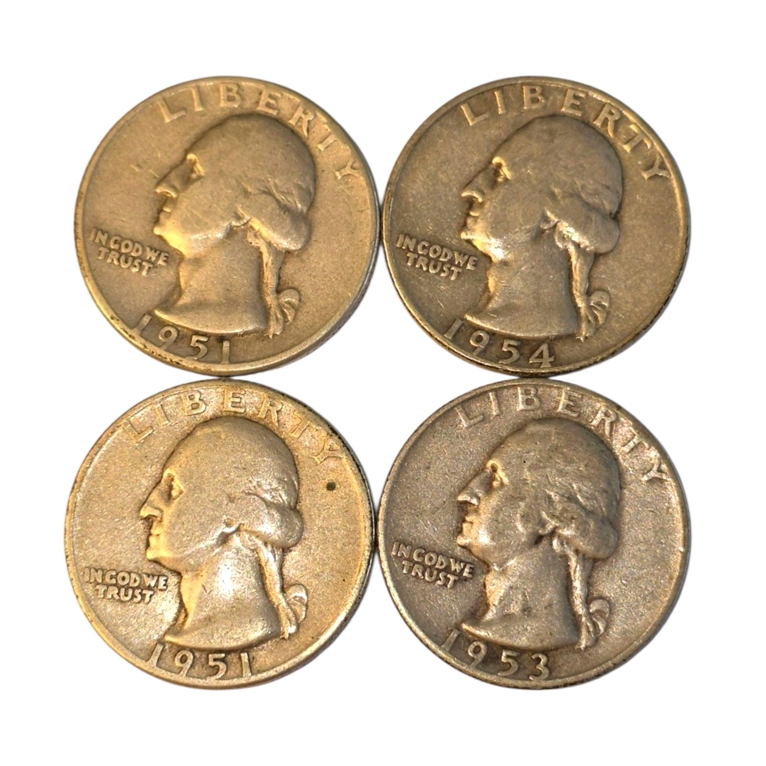 4 Washington Silver Quarters  1951, 1951, 1953 & 1954  90% Silver Coin Lot. About 0.723 troy oz actual silver weight.
