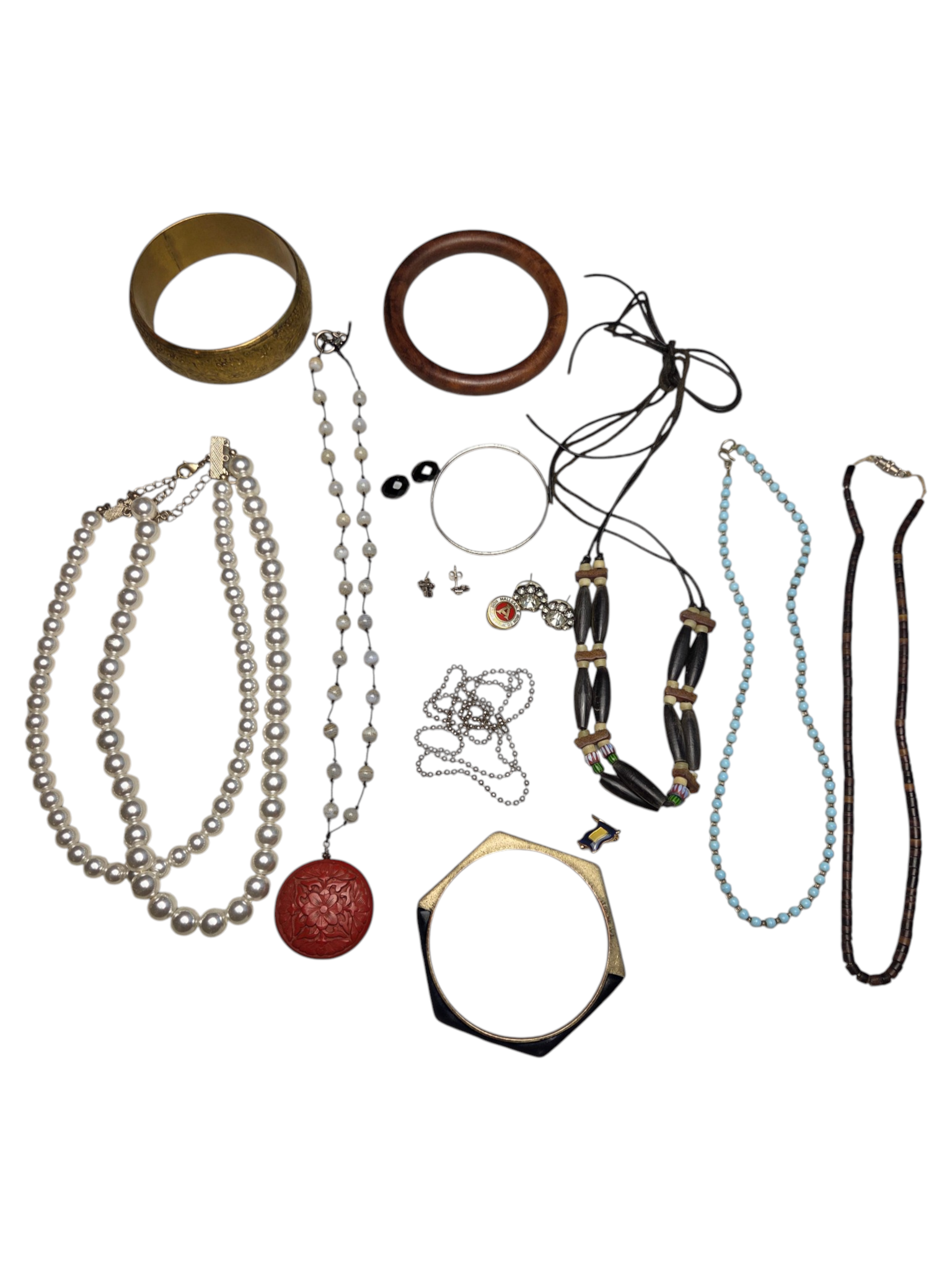 Unresearched Mixed Jewelry Lot With Pearl-Style Necklaces, Bangles, Beaded Pieces & Pins