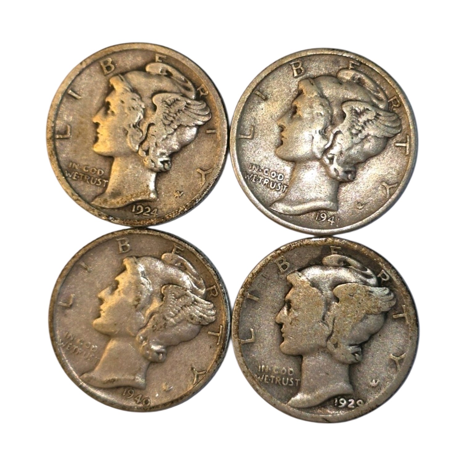 4 Mercury Silver Dimes  1924, 1929, 1940 & 1941  90% Silver Coin Lot. About 0.289 troy oz actual silver weight.