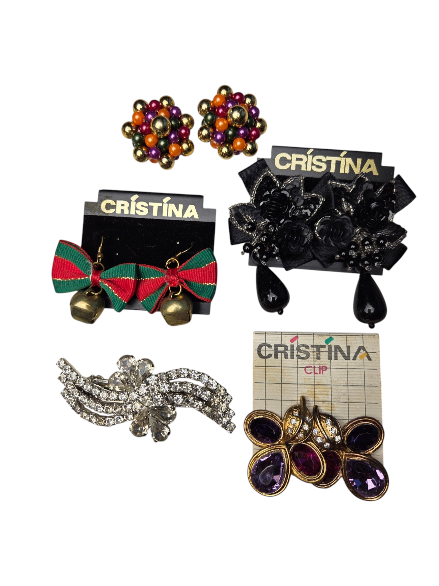 Unresearched Mixed Jewelry Lot With Cristina Clip Earrings, Brooches & Beaded Necklaces