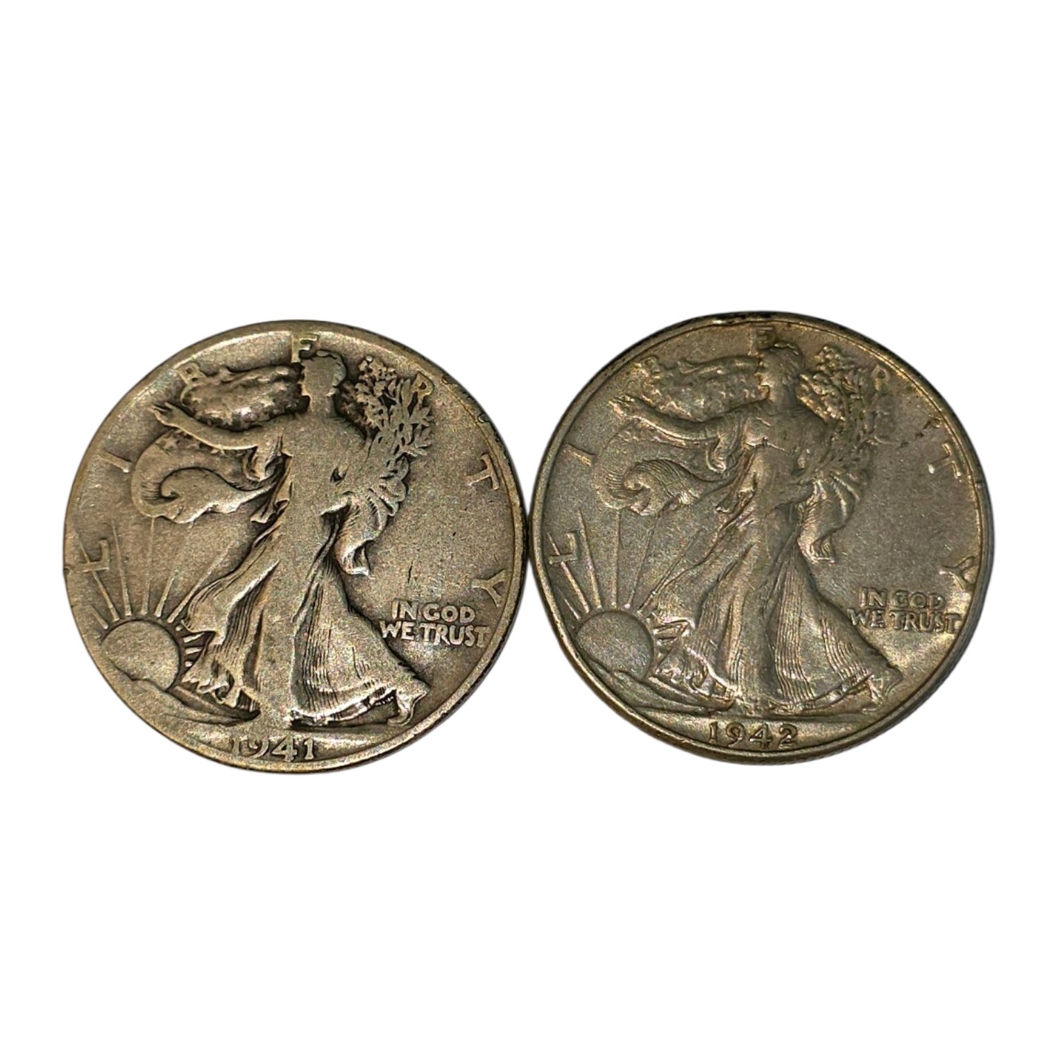 2 Walking Liberty Half Dollars  1941 & 1942  90% Silver Coin Lot. About 0.723 troy oz actual silver weight.