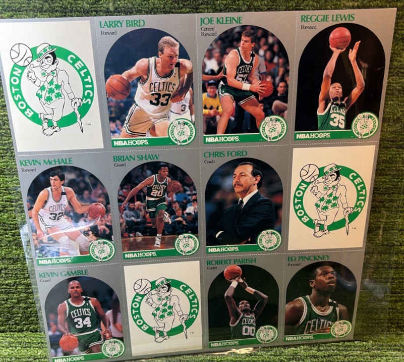 1990-91 NBA Hoops BOSTON CELTICS Uncut Sheet Basketball Cards w Larry Bird