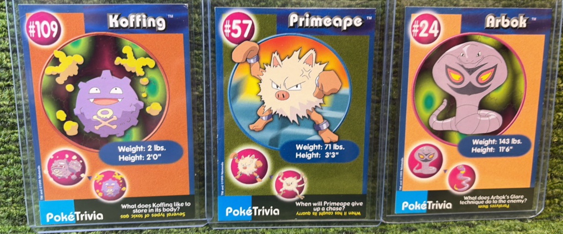 (3) 1999 Pokemon Burger King Trivia Card Lot (Koffing, Primeape, & Arbok)