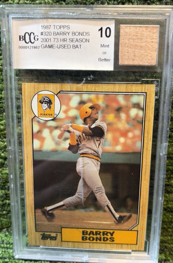 1987, Barry Bonds, TOPPS (#320)  Rookie Card (BCCG 10) W/ Game Used Bat Relic Pirates