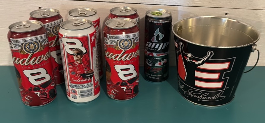 Unopened Cans of Budweiser and Amp and a Metal Pail