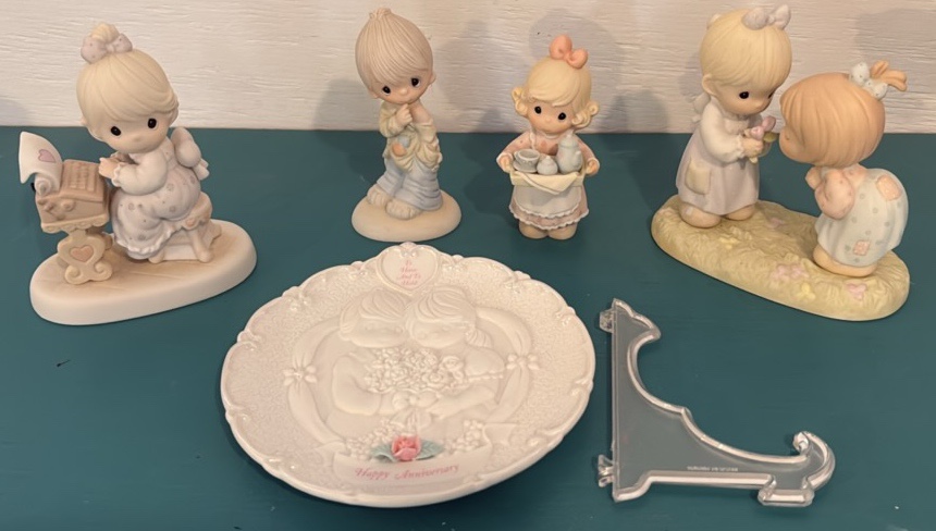 Four Precious Moments Figurines and Plate