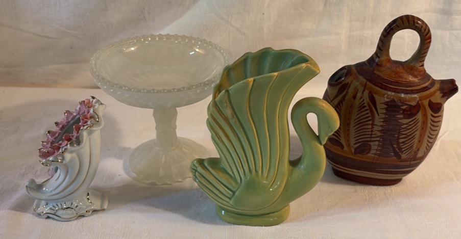 Pedestal Dish, Japan Bud Vase, Ceramic Swan Vase, Mexican Pottery