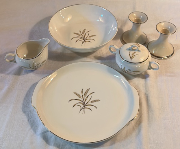 Ballerina Oven Proof Bowl and Platter with matching Cream and Sugar and a pair of Lenox Candle Holders