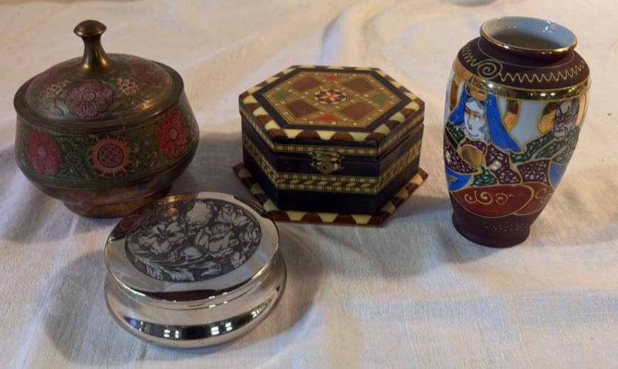 A Collection of Trinket Boxes and an Oriental Style Vase