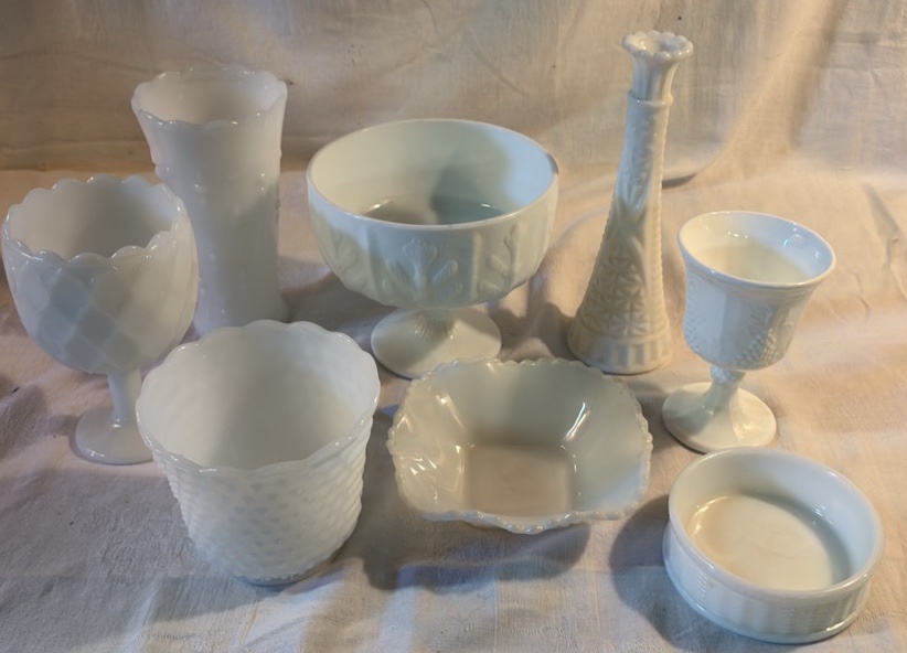 Eight Pieces of White Milk Glass