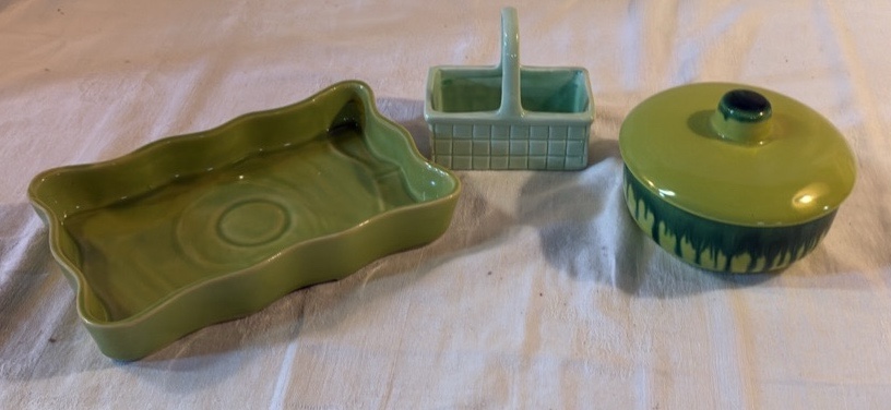 Vintage Green Planter, Basket, Covered Dish