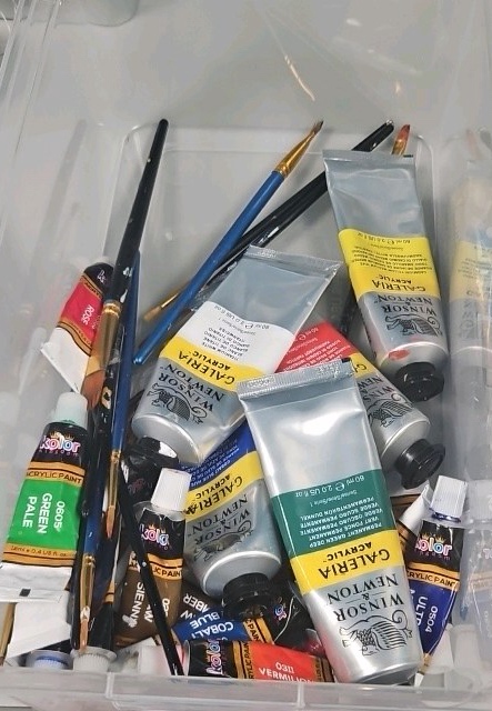 paints, paint trays and paint brushes