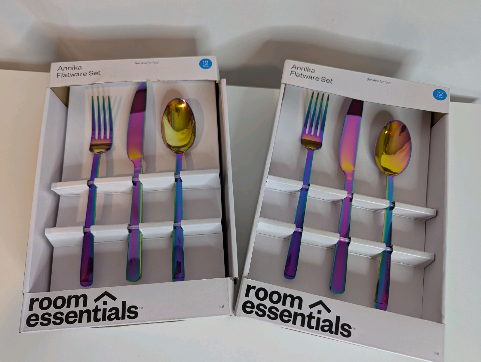 12-piece Room Essentials Annika Flatware Set, a vibrant iridescent rainbow finish
