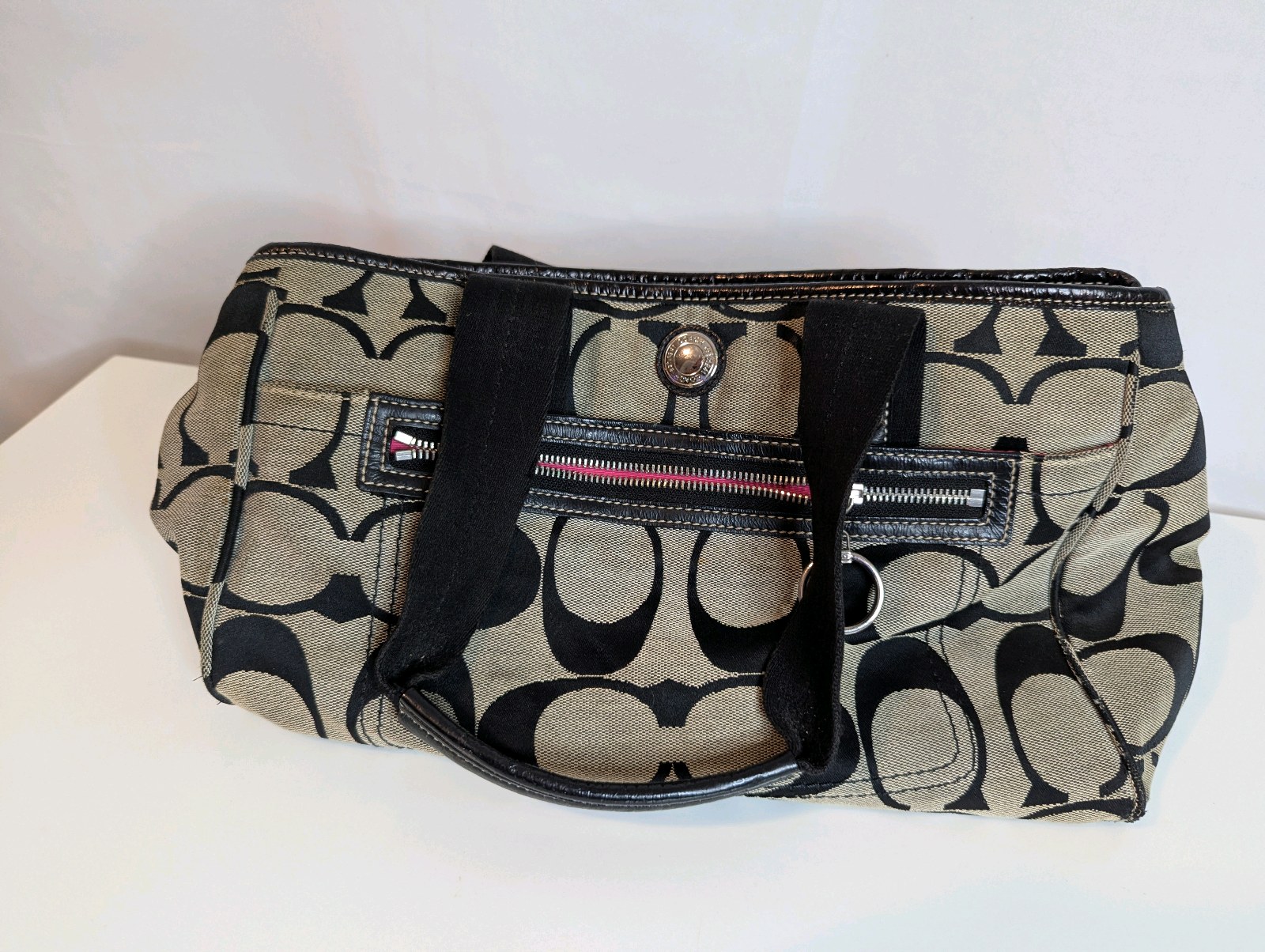 Coach black and taupe signature pattern satchel purse