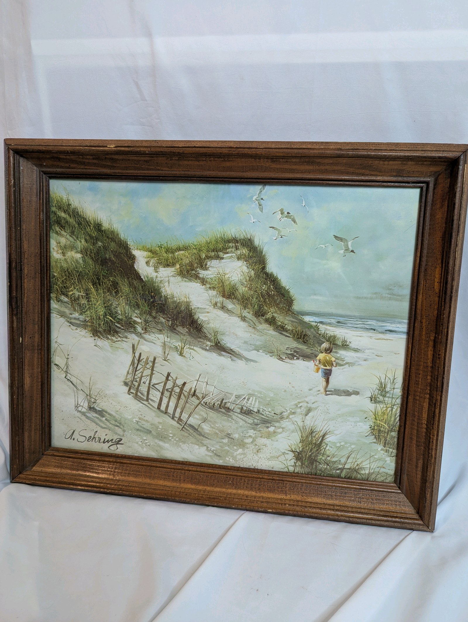 Vintage 1975 framed lithograph titled A Day at the Beach by artist Adolf Sehring