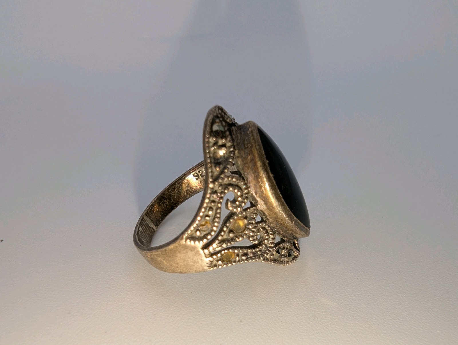 Vintage sterling silver ringoval black onyx stone,marcasite accents, size 7