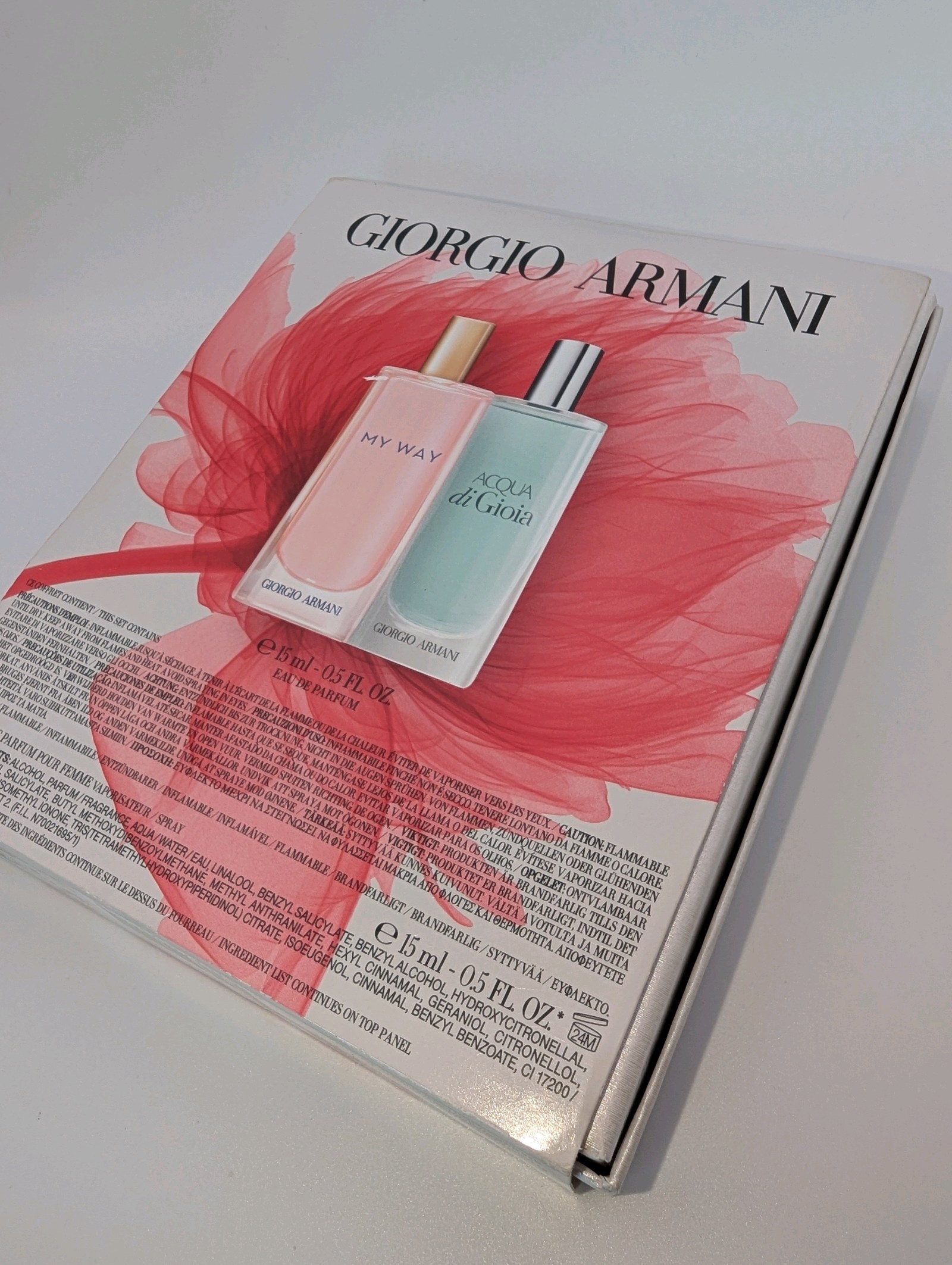Giorgio Armani two-piece travel spray gift set, 15ml bottles of My Way and Acqua di Gioia eau de parfum
